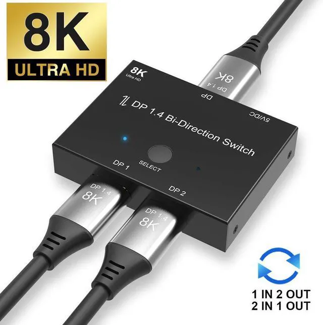Main image of DisplayPort 1.4 8K Bi-directional Switch 1 to 2 / 2 in 1 Out, 8K@30Hz 4K@120Hz Converter High Speed 32Gbps Compatible with Xbox PS5 Projectors Monitors
