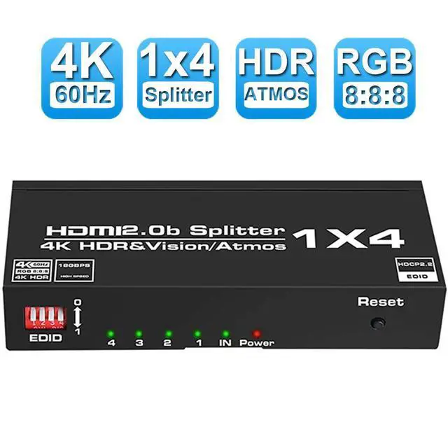Main image of WRIARICH 4K HDMI Splitter 1x4,4K 60Hz HDMI Splitter 1 in 4 Out Support EDID, 3D, HDCP2.2, HDR, 4K@60Hz, 1080P@144Hz, RGB 8:8:8, Dolby for Game Xbox PS5 1080p 140Hz Roku