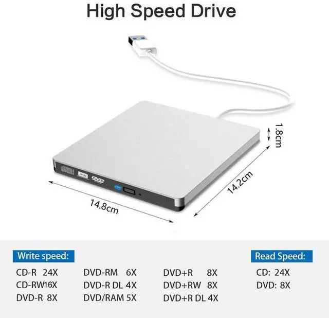 Alt view image 3 of 7 - External DVD Drive, High Speed Data Transfer USB 3.0 Type C External CD DVD Reader Writer Player for Laptop Desktop MacBook Mac OS Windows 10/8/7/XP/Vista (Silver)