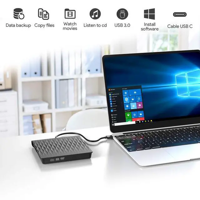 Alt view image 2 of 7 - WRIARICH USB-3.0 USB-C Dual Port External CD Drive, Portable CD/DVD +/-RW Drive Slim DVD/CD ROM Rewriter Burner Compatible with Laptop Desktop PC Windows Linux OS Apple Mac(Black)