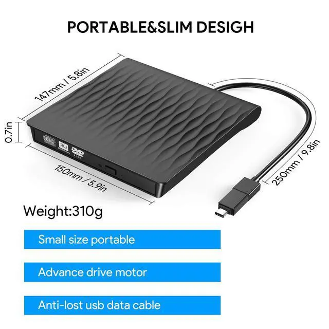 Alt view image 4 of 7 - WRIARICH USB-3.0 USB-C Dual Port External CD Drive, Portable CD/DVD +/-RW Drive Slim DVD/CD ROM Rewriter Burner Compatible with Laptop Desktop PC Windows Linux OS Apple Mac(Black)