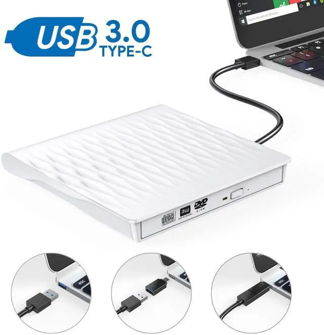 Main image of WRIARICH External CD Drive USB 3.0 Portable CD DVD +/-RW Drive DVD/CD ROM Rewriter Burner Writer Compatible with Laptop Desktop PC Windows Mac Pro MacBook White