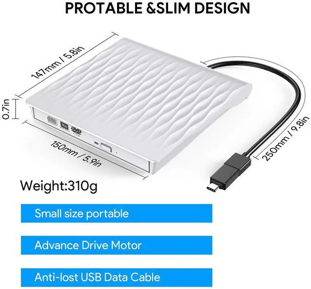 Alt view image 4 of 7 - WRIARICH External CD Drive USB 3.0 Portable CD DVD +/-RW Drive DVD/CD ROM Rewriter Burner Writer Compatible with Laptop Desktop PC Windows Mac Pro MacBook White