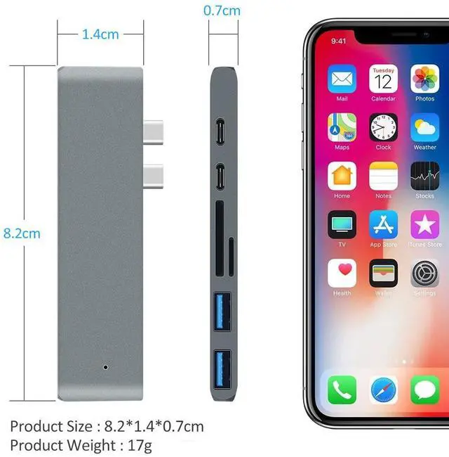 Alt view image 5 of 7 - WRIARICH USB-C Hub, Dual Type-C Duo Adapter for MacBook Pro 2018/2017/2016 with 4K HDMI, Thunderbolt 3 100W Power Delivery, 2 USB 3.0 Ports, microSD/SD Card Reader 7-in-2, Gray