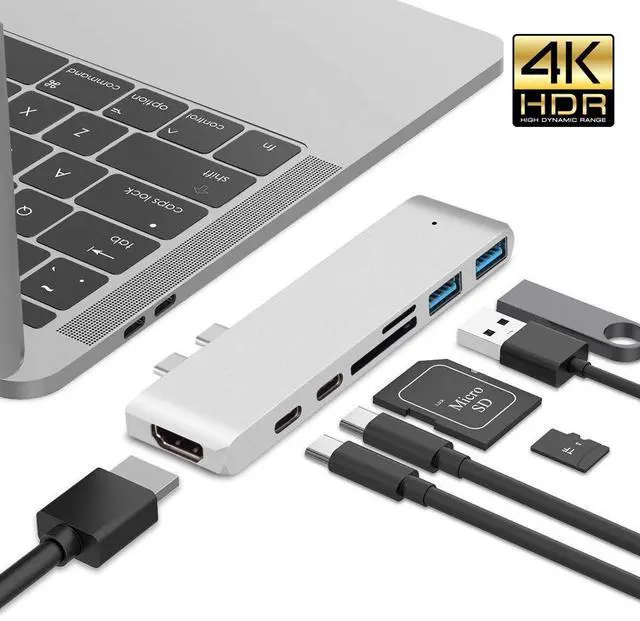 Main image of USB C Hub, 7-in-2 USB C Docking Station with 4K HDMI, 2 USB-C Ports,2 USB 3.0 Ports,microSD/SD Card Reader Compatible with MacBook Pro 2018/2017/2016 13/15inch,MacBook Air 2018 13 inch- Silver