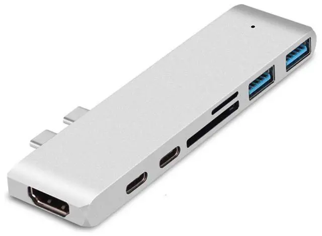 Alt view image 2 of 7 - WRIARICH USB-C Hub, Dual Type-C Duo Adapter for MacBook Pro 2018/2017/2016 with 4K HDMI, Thunderbolt 3 100W Power Delivery, 2 USB 3.0 Ports, microSD/SD Card Reader 7-in-2, Silver