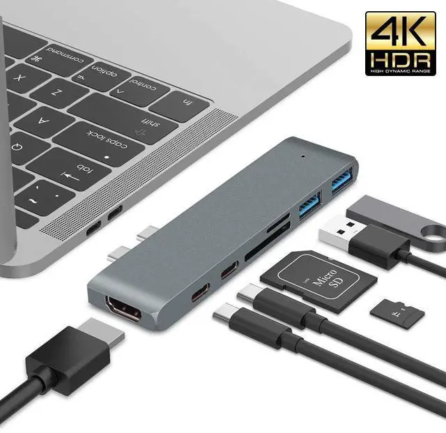 Main image of WRIARICH USB C Hub, Best Type-C Duo Adapter MacBook Pro 2016/2017/2018 13" 15", 7in2: USB-C Thunderbolt 3 100W Power Delivery, USB-C 40Gbps Data, 4K HDMI, microSD/SD Card Reader, 2xUSB 3.0 Ports- Gray