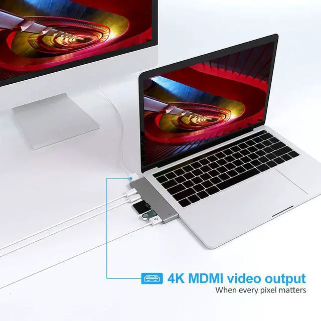 Alt view image 7 of 7 - WRIARICH USB C Hub, Best Type-C Duo Adapter MacBook Pro 2016/2017/2018 13" 15", 7in2: USB-C Thunderbolt 3 100W Power Delivery, USB-C 40Gbps Data, 4K HDMI, microSD/SD Card Reader, 2xUSB 3.0 Ports- Gray