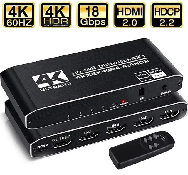 Main image of 4K HDR HDMI Switch, 4 Ports 4K 60Hz HDMI 2.0 Switcher Selector with IR Wireless Remote, Support HDCP 2.2 YUV444/RGB888 HDR10 for Xbox PS5/4 Blu-Ray Player Fire Stick Roku TV