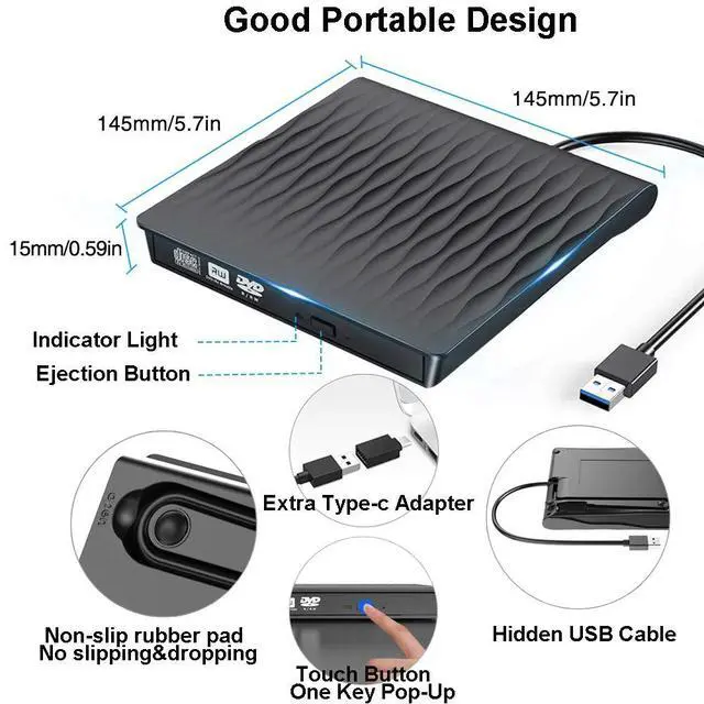 Alt view image 2 of 7 - WRIARICH External CD DVD Drive USB 3.0 Type-C Slim Portable DVD/CD ROM +/-RW Optical Drive Burner Writer for MacBook Pro/ Air, iMac, Windows/ Linux/ Mac Laptop Desktop, Black