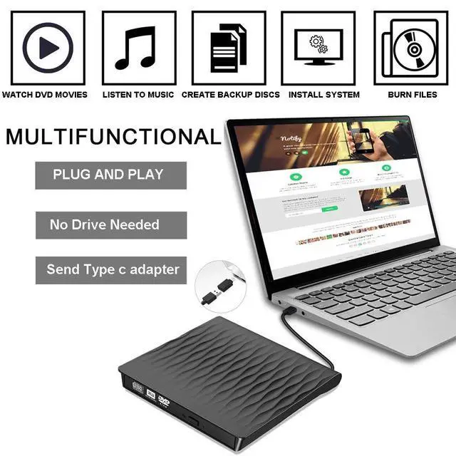 Alt view image 4 of 7 - WRIARICH External CD DVD Drive USB 3.0 Type-C Slim Portable DVD/CD ROM +/-RW Optical Drive Burner Writer for MacBook Pro/ Air, iMac, Windows/ Linux/ Mac Laptop Desktop, Black