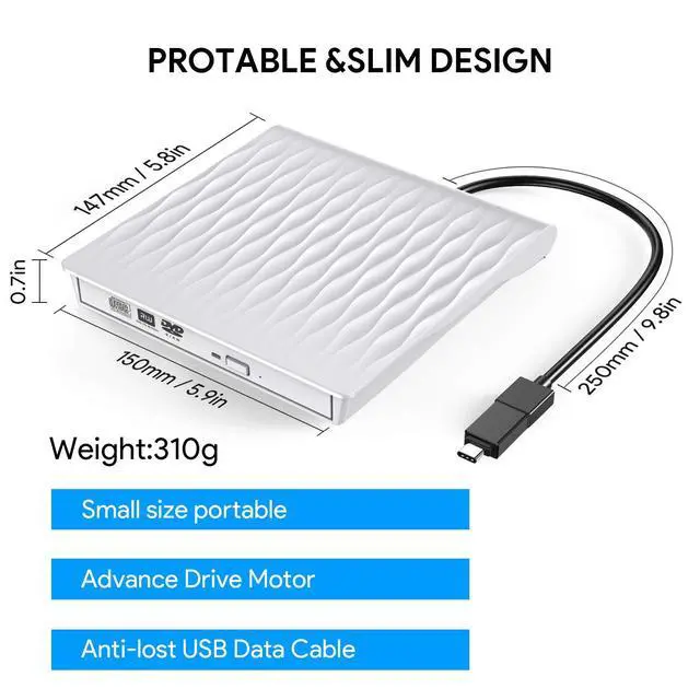 Alt view image 3 of 7 - WRIARICH External CD DVD Drive USB 3.0 and Type-C Portable CD/DVD Player for Laptop CD Drive Reader Writer Burner Compatible with Laptop Desktop PC Windows Linux Apple Mac White