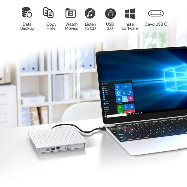 Alt view image 6 of 7 - WRIARICH External CD DVD Drive USB 3.0 Type-C Portable DVD/CD ROM +/-RW Drive Burner Rewriter for Windows 10 Laptop Desktop PC, MacBook Pro/ Air, iMac White