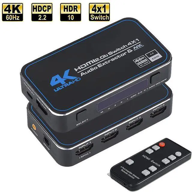 Main image of HDMI Switch Audio Extractor, 4K 60Hz 4 in 1 Out, 4-Port HDMI Switcher Selector with Remote Control with Optical 3.5mm Stereo Audio Out,Supports 4K HDR10 HDCP 2.2 3D Dolby DST for Fire Stick,HDTV,PS4