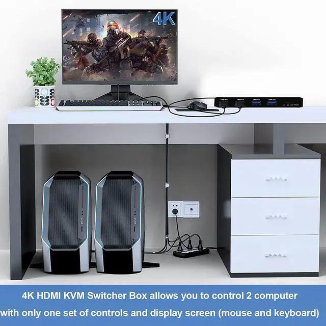 Alt view image 2 of 7 - WRIARICH 4K HDMI KVM Switch 2 in 1 Out, 2 Computers 1 Monitor Share 4USB3.0 Port, Keyboard Mouse Printer Switcher Switch