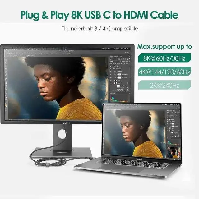 Alt view image 2 of 7 - USB C to HDMI 2.1 Cable 8K@60Hz 4K@240Hz 3.3FT Type C to HDMI Ultra High-Speed Cord Thunderbolt 4/3 HDR HDCP 2.3 Compatible with MacBook Pro/Air, iMac, iPad Pro, Galaxy S23