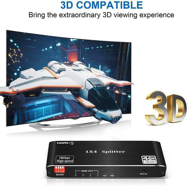 Alt view image 5 of 7 - WRIARICH HDMI Splitter 1 in 4 Out 4K 60Hz Multi-Resolution Output, HDMI 2.0 Splitter Supports EDID HDR HDR10 / Dolby Vision 4K@60Hz 8:8:8 HDCP2.2
