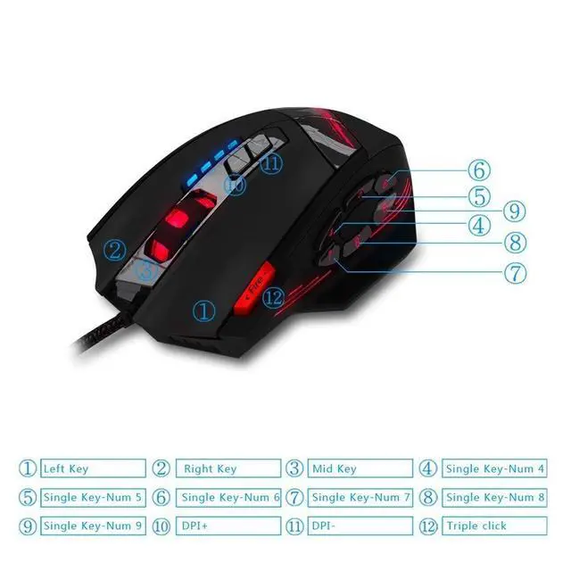 Alt view image 7 of 7 - WRIARICH C-12 Wired USB Optical Gaming Mouse 7 LED Lights 12 Key Adjustable 4000DPI Computer Mouse Mice Cable Mouse for Pro Gamer