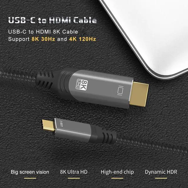 Alt view image 2 of 7 - USB C to HDMI 2.1 Cable 3.3Feet, USB 3.1 Type C to 8K HDMI Cable, (8K@30Hz,4K@120Hz) Thunderbolt 3/4 Compatible, for MacBook Pro, iPad Pro, Samsung Galaxy, Dell, HP and More