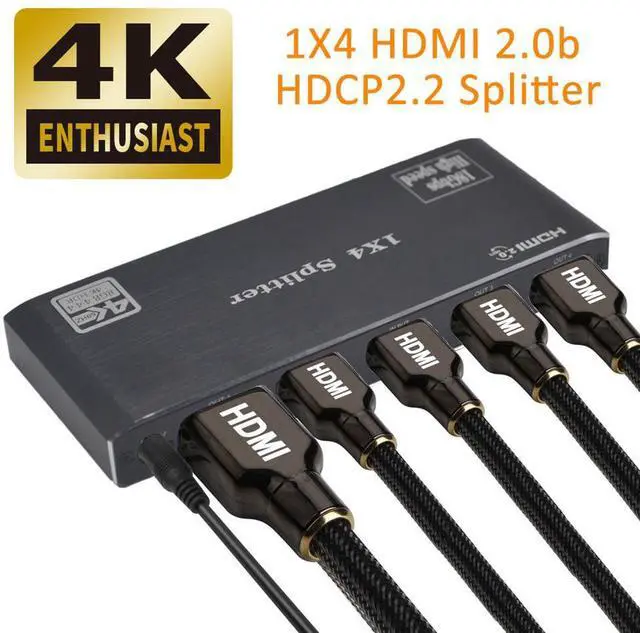 Main image of 4K@60Hz HDMI Splitter 1x4 8:8:8,18 Gbps,Supports EDID,HDCP 2.2,Duplicate/Mirror/Copy,HDR10,Dolby Vision Atmos,4K HDMI Splitter 1 in 4 Out for Four Monitors