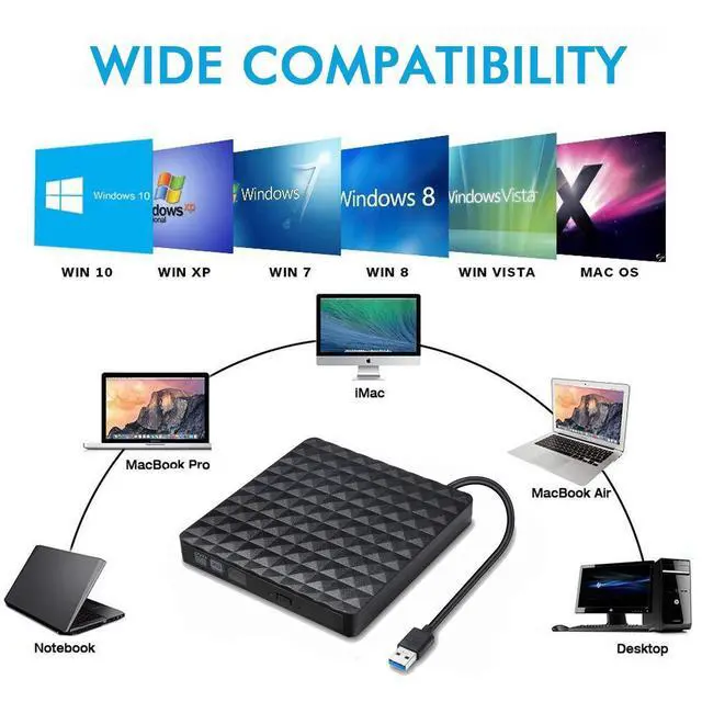 Alt view image 3 of 7 - WRIARICH Diamond Pattern External DVD Drive USB 3.0, Ultra-Slim CD DVD +/-RW Drive, DVD/CD ROM Rewriter Burner Writer for MacBook, Laptop, Notebook, PC Computer -Black