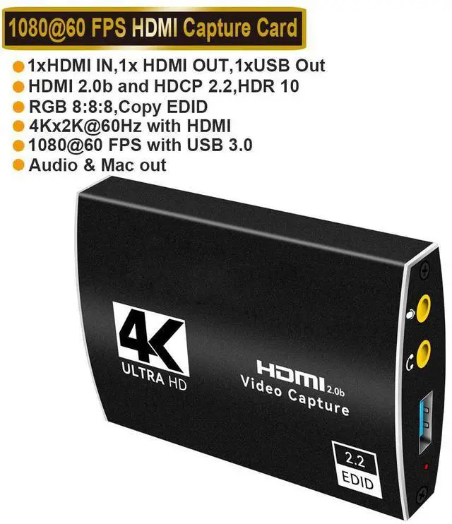 Main image of USB3.0/Type-C Audio Video Capture Card with Microphone 4K@60Hz HDMI Loop-Out, 1080p 60fps Video Recorder for Gaming/Live Streaming/Video Conference, Works for Nintendo Switch/PS4/OBS/Camera/ PC
