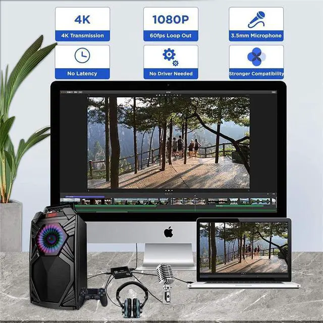 Alt view image 5 of 7 - USB3.0/Type-C Audio Video Capture Card with Microphone 4K@60Hz HDMI Loop-Out, 1080p 60fps Video Recorder for Gaming/Live Streaming/Video Conference, Works for Nintendo Switch/PS4/OBS/Camera/ PC