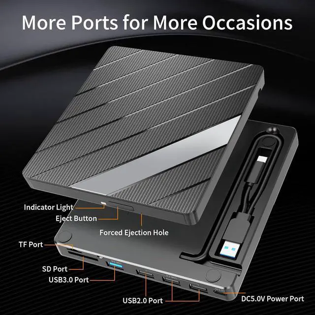 Alt view image 3 of 7 - WRIARICH 8-IN-1 External CD DVD Drive with USB 3.0/2.0/Type-C Ports and SD/TF Card Slot, Portable CD/DVD ROM +/-RW Disk Player Burner Reader Writer Adapter for Laptop PC Windows, Mac, Linux