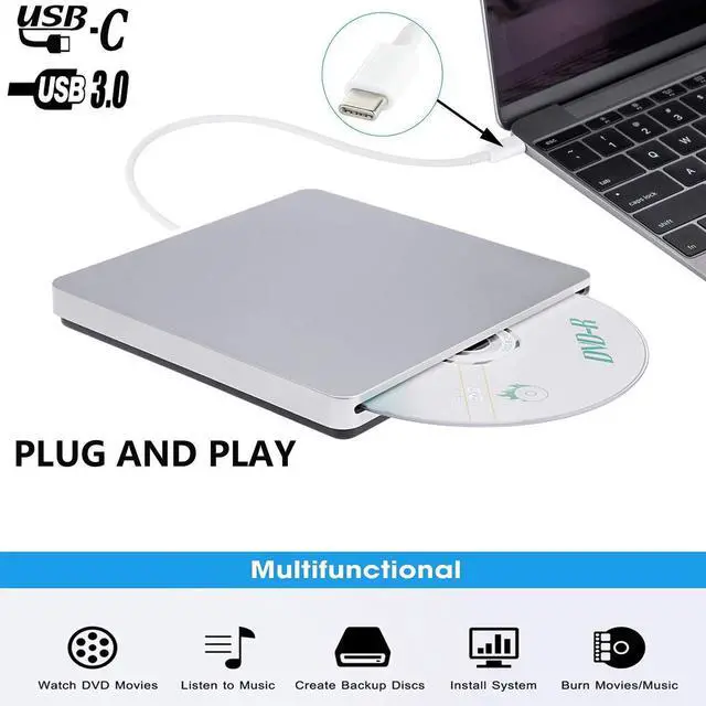 Main image of WRIARICH Type-C Portable External DVD CD Drive, CD DVD +/-RW Drive with USB 3.0 Slim CD DVD ROM Recorder Writer Burner,High Speed Data Transfer for Desktop/Laptop Mac/Linux OS - XD055, Silver