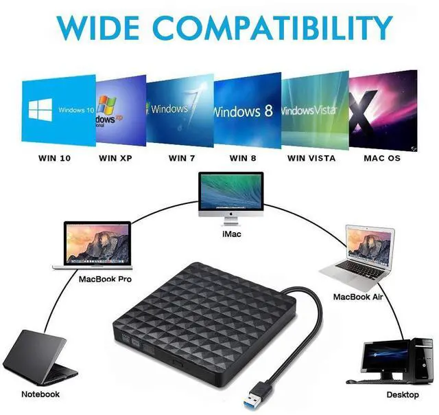 Alt view image 7 of 7 - WRIARICH Diamond Pattern USB 3.0 External DVD Drive, Slim Portable CD DVD +/-RW Writer/Rewriter/Player DVD CD ROM Drive for Mac OS/Desktop/Vista/Linux/Laptop/Windows 10/8/7/XP (Black)
