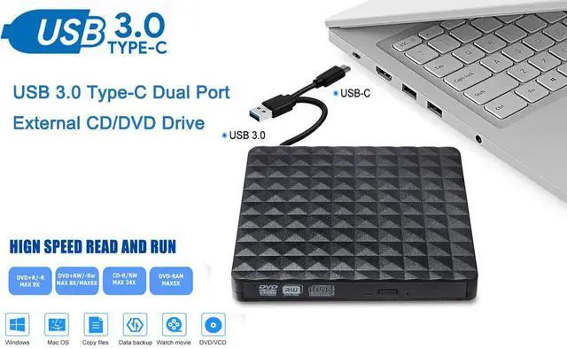 Main image of Diamond External CD/DVD Drive, USB 3.0 & Type C Portable DVD CD+/-RW Drive Slim DVD/CD ROM Rewriter Burner Writer, High Speed Data Transfer Pro Laptop/Desktop Windows/Vista/7/8/10, Mac OSX and Linux