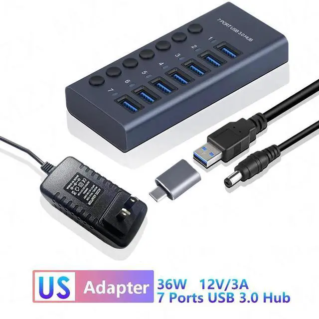 Main image of 7-Port 36W USB 3.0 Hub with Individual Power Switches and LEDs Includes 36W 12V/3A Power Adapter