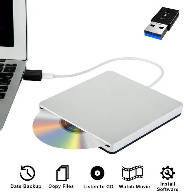 Main image of WRIARICH Type C USB 3.0 External CD Drive Portable CD DVD +/-RW Drive Slim DVD/CD ROM Rewriter Burner Writer For OS Apple Mac Laptop Desktop PC Windows Linux Silver