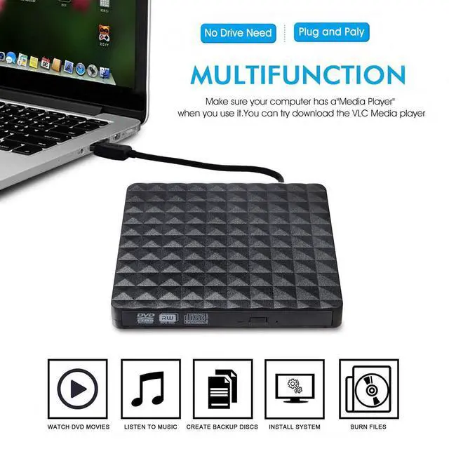 Alt view image 3 of 7 - WRIARICH External CD DVD Drive USB-C/USB3.0 Portable CD/DVD Player for Laptop CD Drive Reader Writer Burner for Laptop Desktop PC Windows Linux Apple Mac ,Diamond Pattern-Black