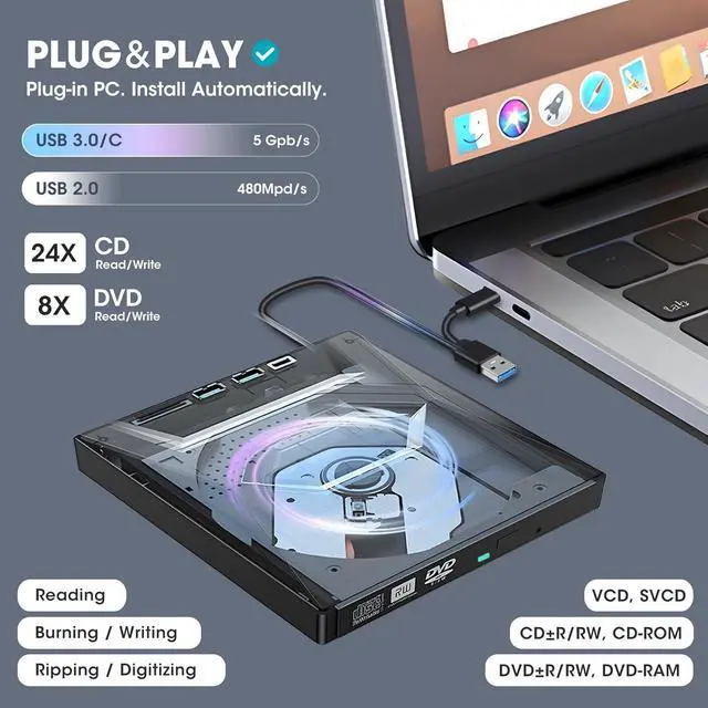 Alt view image 3 of 7 - WRIARICH External CD/DVD Drive for Laptop with Carrying Case,DVD Player for Laptop,Portable CD Burner with USB2.0 Ports, USB3.0 Ports, USB C Ports, SD Card Slots,CD Disk Drive Player Reader Writer