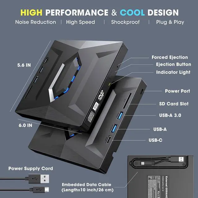 Alt view image 6 of 7 - WRIARICH External CD/DVD Drive for Laptop with Carrying Case,DVD Player for Laptop,Portable CD Burner with USB2.0 Ports, USB3.0 Ports, USB C Ports, SD Card Slots,CD Disk Drive Player Reader Writer