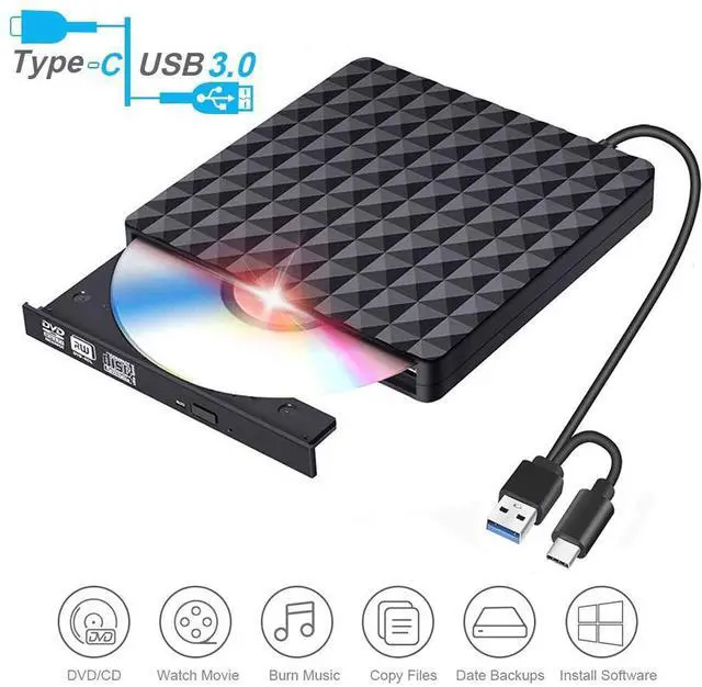 Main image of WRIARICH Diamond Pattern External DVD Drive, USB 3.0 Type-C CD DVD +/-RW Optical Drive USB C Burner Slim CD/DVD ROM Rewriter Writer Reader Portable for PC Laptop Desktop MacBook Mac Black