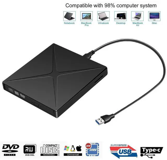 Main image of WRIARICH External DVD Drive for Laptop, USB 3.0 Portable Optical Slim CD/DVD Burner Player RW Drive Support SD cards Reader For Desktop PC Windows XP/ 2003/ Vista/ 7/8, Linux, Mac os System