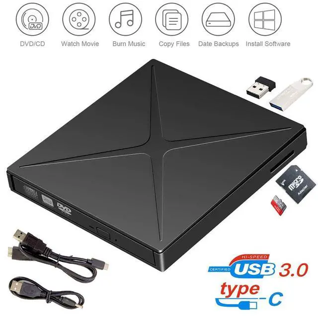 Main image of WRIARICH External CD DVD Drive USB 3.0 Type-C Portable DVD/CD ROM +/-RW Drive Burner Rewriter Support SD cards Reader for Windows 10 Laptop Desktop PC, MacBook Pro/ Air, iMac