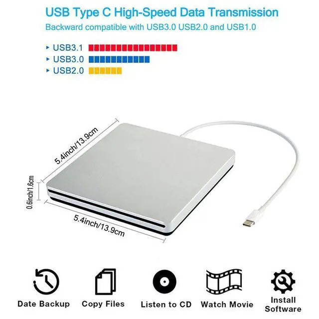 Alt view image 4 of 7 - WRIARICH External DVD Drive for Laptop, USB-C/USB3.0 Portable Optical Slim CD/DVD Burner Player RW Drive Compatible with Desktop PC Windows XP/ 2003/ Vista/ 7/8, Linux, Mac os System (XD055, Silver)