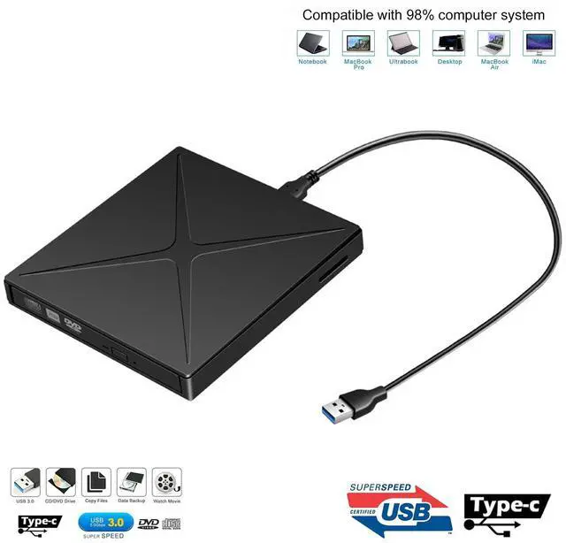 Main image of WRIARICH Portable USB 3.0 Slim 8X DVD/ Burner +/- Rewriter External Drive with Type-c, Touch Sensitive Button Support SD cards Reader Compatible with both Mac & Windows, (X-TDVDD) Black