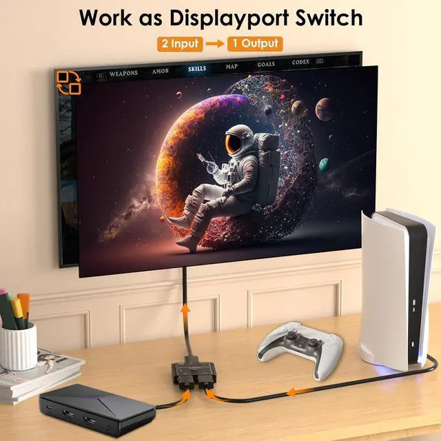 Alt view image 2 of 7 - WRIARICH DP Switch 2 in 1 Out, Bi-Directional Displayport Splitter 1 in 2 Out, 16K@60Hz, 8K@60hHz, Support 3D, CEC for Projector, Xbox, PS5/4/3
