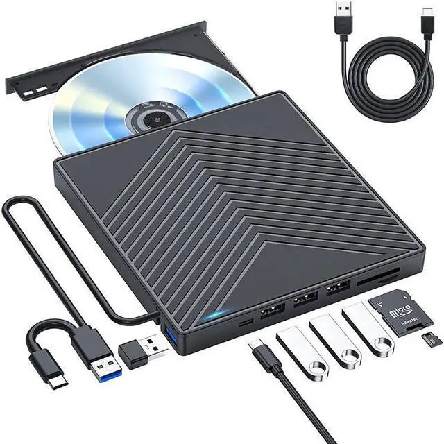 Main image of WRIARICH 8-IN-1 External CD/DVD Drive with USB Hub for Laptop, USB 3.0/Type-c CD DVD Player Portable +/-RW Burner CD ROM Reader Writer Disk Duplicator for Laptop Desktop PC Windows Apple Mac MacBook