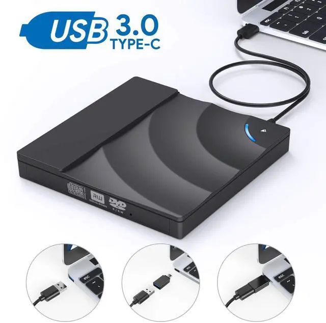 Main image of WRIARICH CD/DVD External Drive with USB3.0 and Type-C Interface, CD-ROM/DVD-RM Reader and Writer with Touch Sensitive Button, Streamlined Construction, Compatible for Windows and Mac OS (Black)