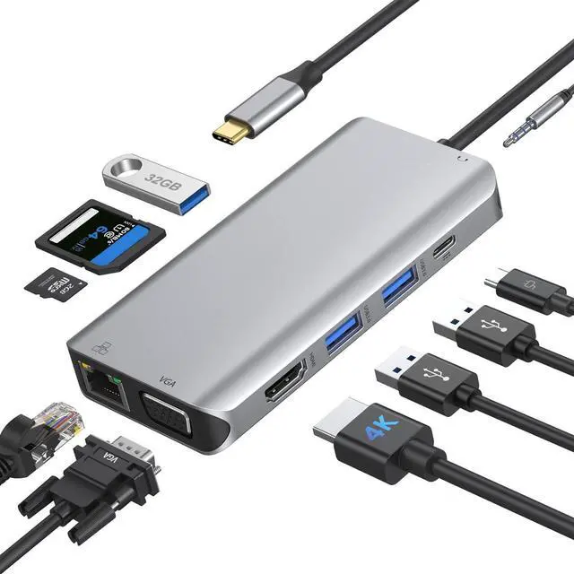 Main image of USB C Docking Station, 10 in 1 Display Laptop Multiport Adapter Hub with HDMI+VGA+Ethernet+3USB3.0+SD/TF+USB C PD+Audio for MacBook Pro/Air/Dell/HP/Lenovo/Thinkpad More Type-C Laptop
