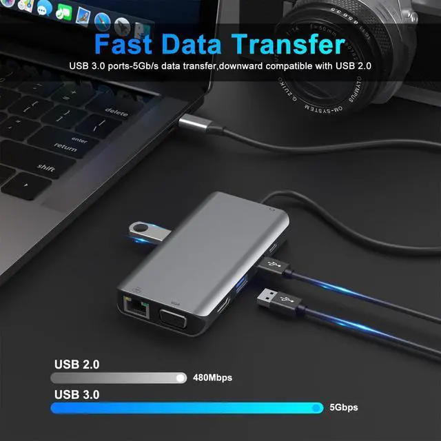 Alt view image 4 of 7 - USB C Docking Station, 10 in 1 Display Laptop Multiport Adapter Hub with HDMI+VGA+Ethernet+3USB3.0+SD/TF+USB C PD+Audio for MacBook Pro/Air/Dell/HP/Lenovo/Thinkpad More Type-C Laptop