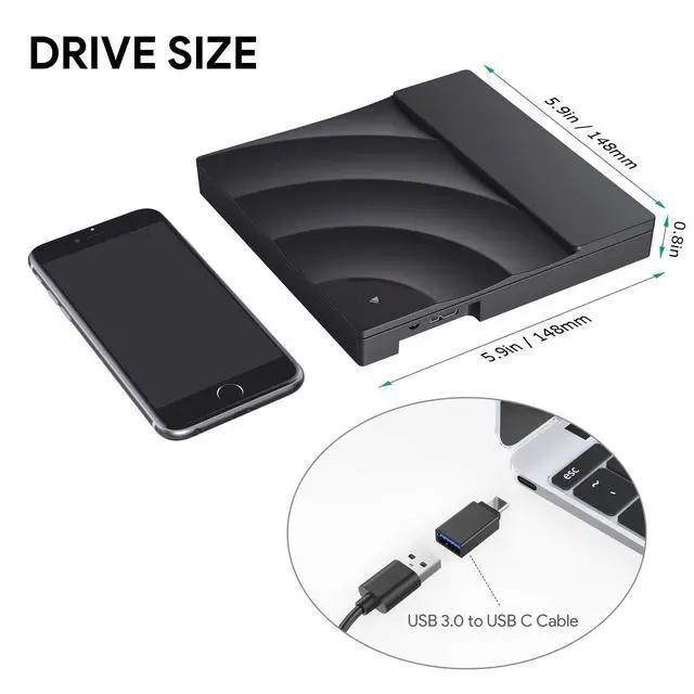 Alt view image 3 of 7 - WRIARICH DVD Drive, USB 3.0 Portable CD/DVD Rewriter Burner Optical Drive with USB-C Adapter for Laptop Notebook Desktop PC Computer Windows Linux OS Apple Mac MacBook Pro Air iMac