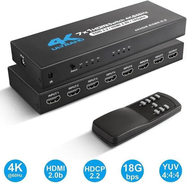 Main image of HDMI Switch 4k@60HZ HDMI Splitter 7 in 1 Out HDMI Switcher Selector with IR Remote Control, HDMI 7 Port Box Hub Support 3D HDCP2.2 for PS4/Xbox One/Fire TV/Sky Box/STB/DVD