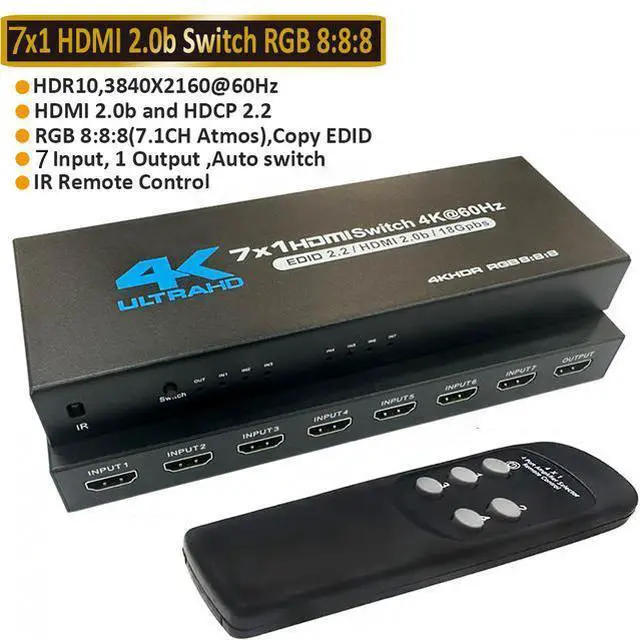 Main image of 4K HDR HDMI Switch, 7 Ports 4K 60Hz HDMI 2.0 Switcher Selector with IR Wireless Remote, Supports UltraHD Dolby Vision, High Speed(Max to 18.5Gbps), HDR10, HDCP 2.2 & 3D