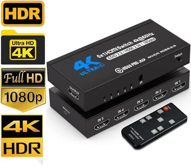 Main image of HDMI Switch 7 Ports (7 x 1) 4K 60Hz HDMI 2.0 Switcher with IR Remote Control Support HDR & HDCP 2.2 & 3D &Full HD 1080P, Compatible for PS3/PS4, Xbox 360/One, HDTV, Blu-Ray Player